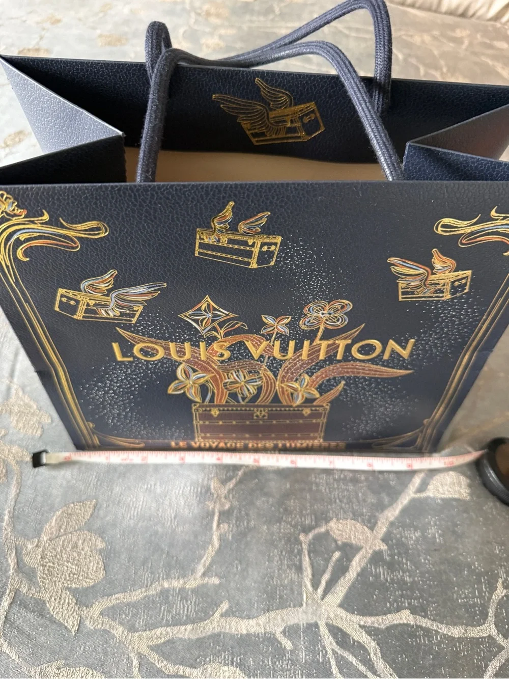 Authentic Louis Vuitton Navy & Gold Decorative Gift Bag with Rope Handles.